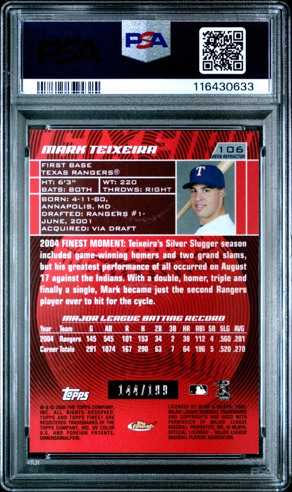 Mark Teixeira - 2005 Finest Green Refractor  PSA 9  #144/199 - Image 2 of 2