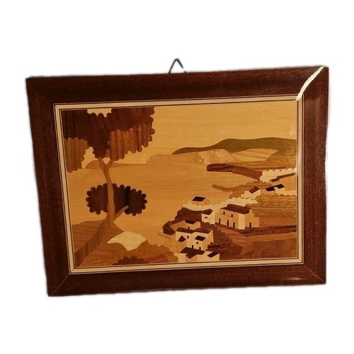 Vintage Inlaid Teak Marquetry Wall Hanging – Coastal Scene (9" x 6.5") - Picture 7 of 8