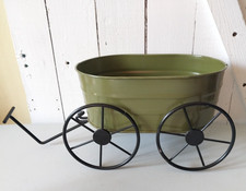 Olive Green Metal Wagon Planter w/ Rustic Black Wrought Iron Wheels Tabletop