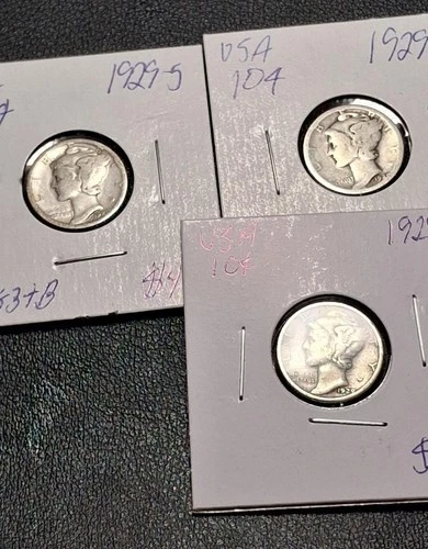 three USA 1929-PDS, 10 cent Mercury dimes silver coin  BU #2882