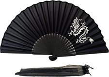 Black Silk Fabric Folding Hand Held Fan a Pouch Bamboo Ribs Chinese Vintage