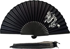 Black Silk Fabric Folding Hand Held Fan a Pouch Bamboo Ribs Chinese Vintage