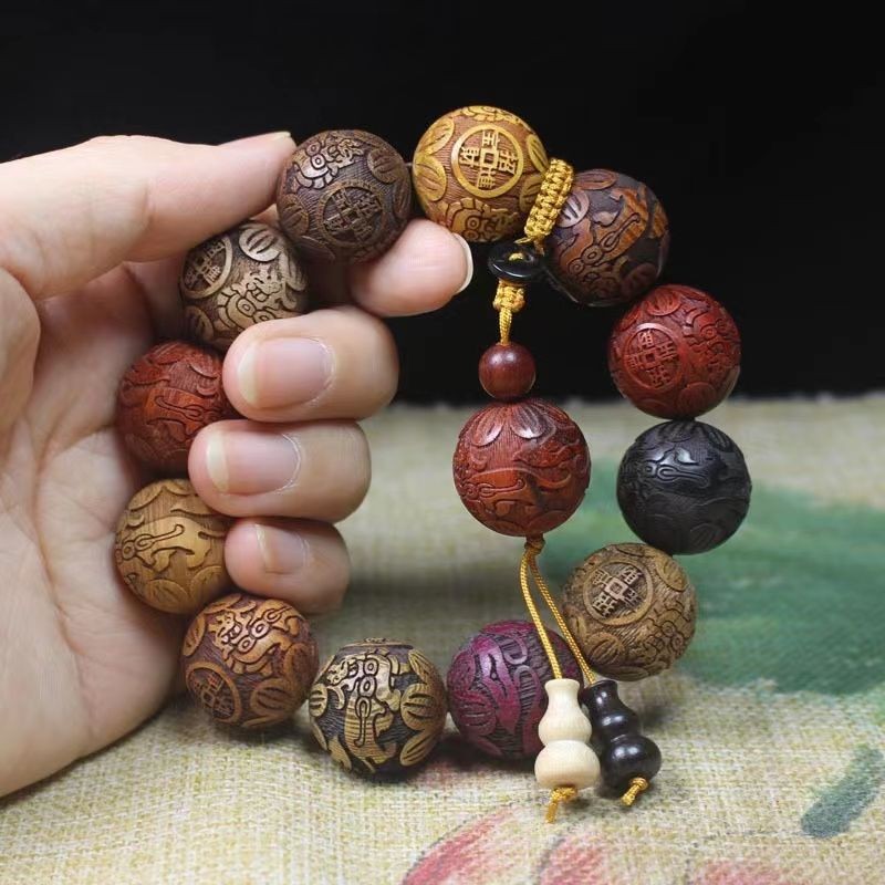 20mm Natural Wood Carved Colorful Prayer Beads Unisex Buddhist