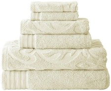 6 Piece Jacquard/Solid Towel Set-Medallion Swirl Ivory