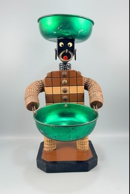 Vintage Folk Art Tramp Art Bottle Cap Man w/ Bowls Figure 12'' Tall