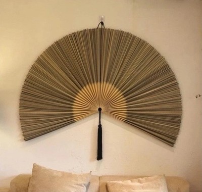 Large Japanese Style Decorative Wall Fan Bamboo Paper Beige Black Hanging 