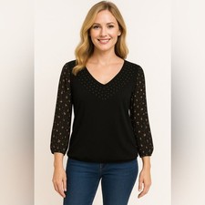 Cure. Elegant Black Beautiful Floral Sheer Balloon Sleeve Blouse - Size L