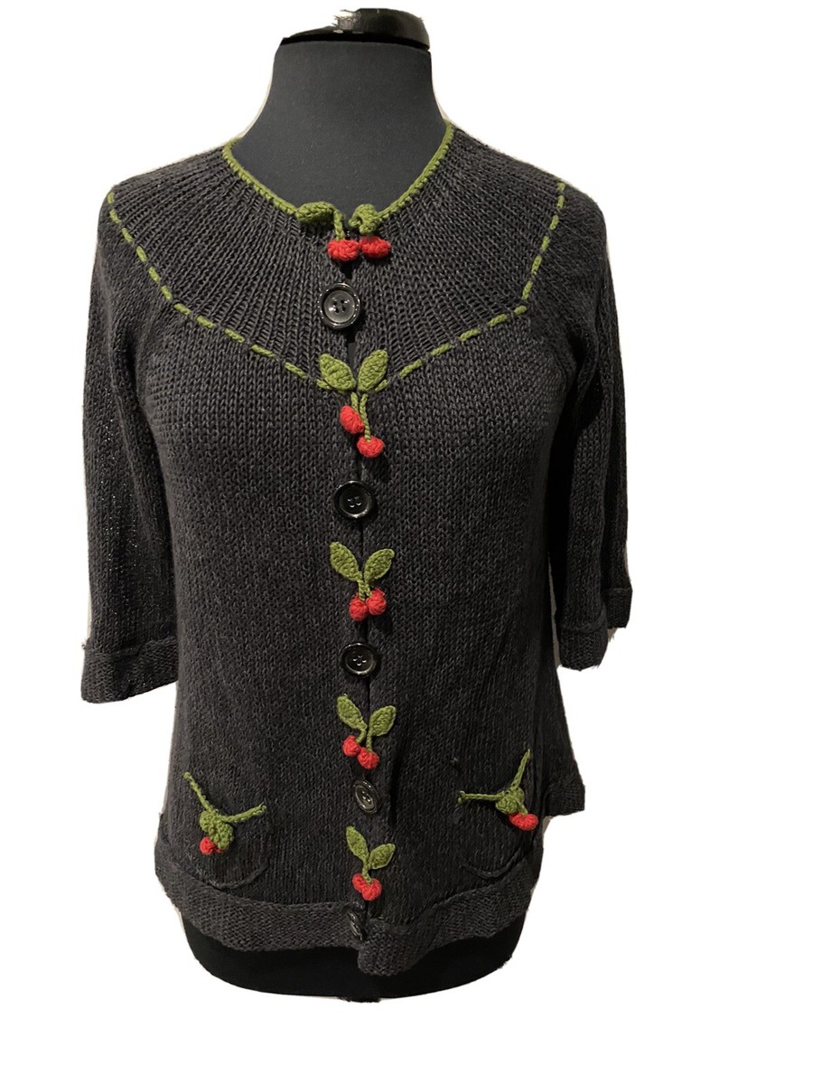 New Rare Whistles Cherry Black Cardigan Knit Size Linen Cotton