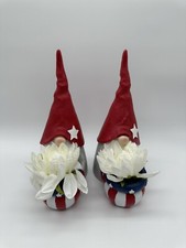 2 Patriotic July 4th Ceramic Gnomes Holding A Patriotic Flower Pot
