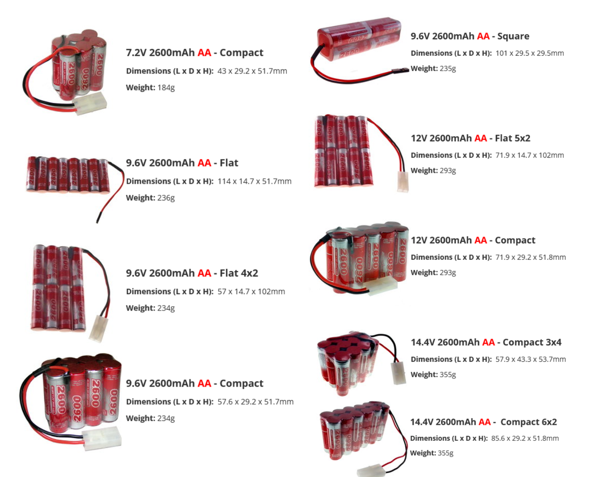 4.8v 6v 7.2v 9.6v 12v 14.4v 2600mAh VapexTech Rechargeable AA Ni