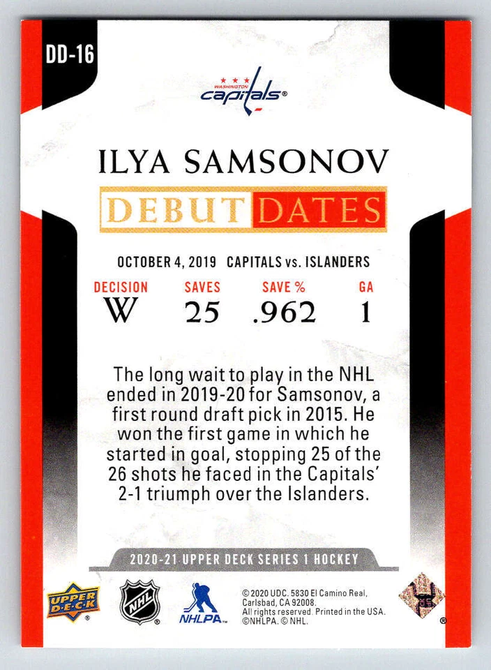 2020-21 Upper Deck Debut Dates #DD16 Ilya Samsonov (ref 214893) - Image 2 of 2