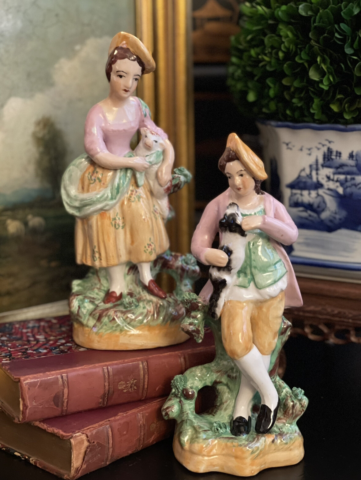 Stunning Tall Rare English Staffordshire Nobles Dog Lamb Mantle Table Pair 9”