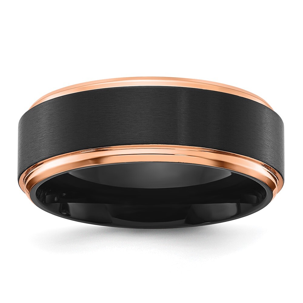 Titanium with Brushed Center Black and Rose IP-plated 8mm Band Ring Size 8