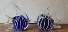 Pair of Art Glass Angel Fish Paperweights Blue & White Striped 4.5" Tall
