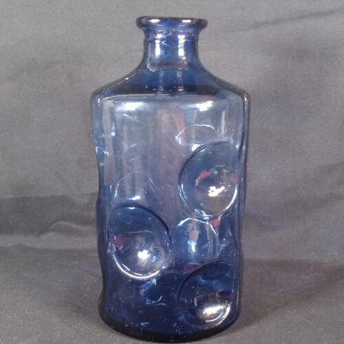 7.5" VINTAGE ANTIQUE BLUE GLASS TAIWAN BOTTLE UNIQUE CIRCLE INDENTED DESIGN RARE