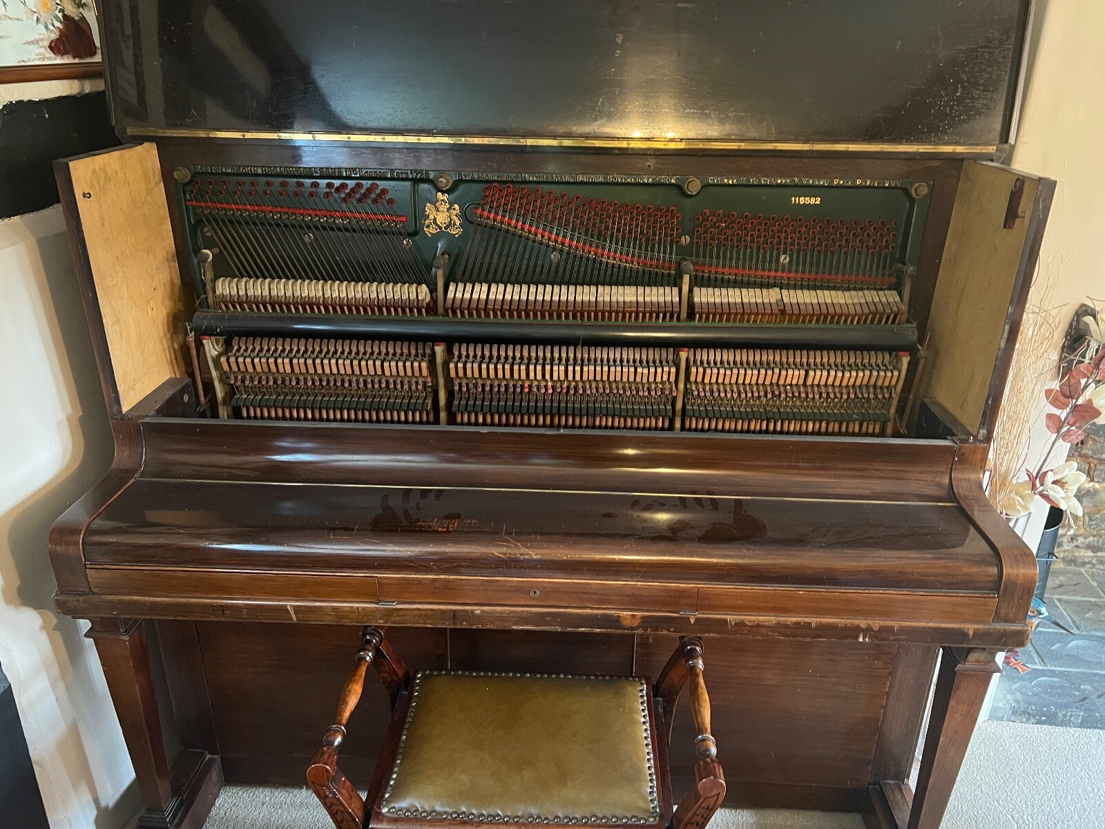 John Broadwood and Sons rare green steel frame upright piano (c 1912