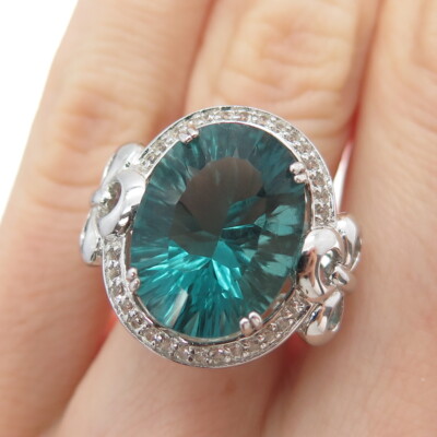 925 Sterling Silber echter Ovalschliff Fluorit & Rundschliff Weißtopas Ring Gr. 6