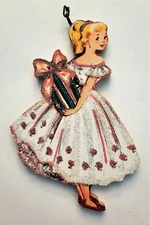 PRETTY WOMAN / GIRL w SURPRISE GIFT BOX * Glitter CHRISTMAS ORNAMENT * Vtg Img