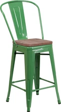 24" Industrial Style Green Metal Counter Height Restaurant Stool with Wood Seat