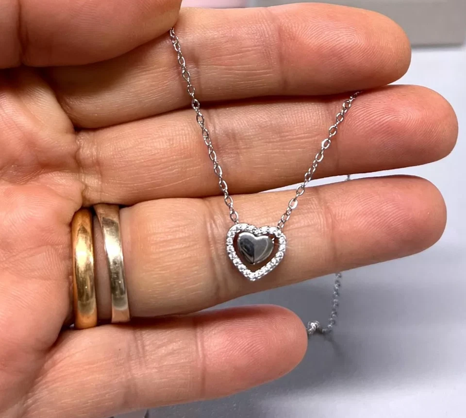 Collana Cuore Dentro pl. oro Bianco 18k Girocollo con Cristalli Zirconi S/81 - Immagine 3 di 4