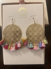 C&C California Earrings Boho Gold Tone Filigree Multi Color Tassel Pierced  NIB