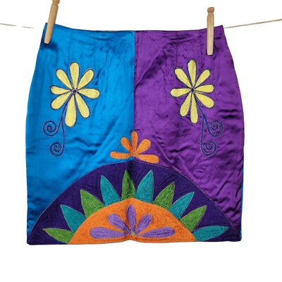 Sandy Starkman Short Pencil Skirt Large 12 Floral Satin Blue Purple Embroidered 