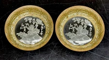 Pair Of Saucer 3” Brass/Glass Engraved