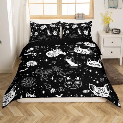 Cat Skeleton Duvet Cover Set Queen Size Halloween Theme Gothic Bedding Set fo...