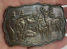 Vintage Grizzly Bear Elk  Doe Walking Forest Scene Collectible 3.5" Belt Buckle