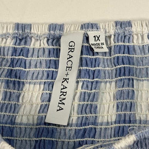Grace + Karma Top Womens 1X Blue Peplum Smocked Puff Sleeve Buffalo - Picture 3 of 8