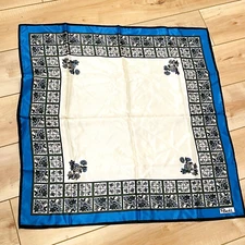 PAOLI Scarf Blue Cobalt Cream Floral Large 30" Square Vtg Japan