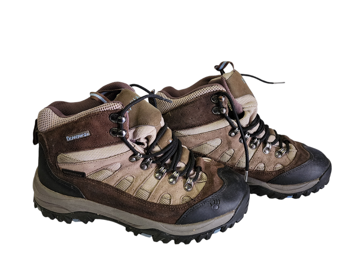 Bearpaw Hiking Boots, Women's Size 9M, Brown/Beige Boot w/Blue Accents EUC