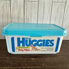 Vintage 1990 Huggies Baby Wipes Plastic Container Tub Blue Lid Empty Retro