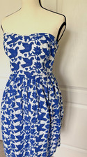 Old Navy Blue White Floral Bird Print Sleeveless Fit Flare Cotton Dress 6 Zipper