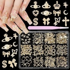 120 Pcs 12Styles 3D Gold Alloy Nail Charms Kit, Dollar Crown Butterfly gold-S1