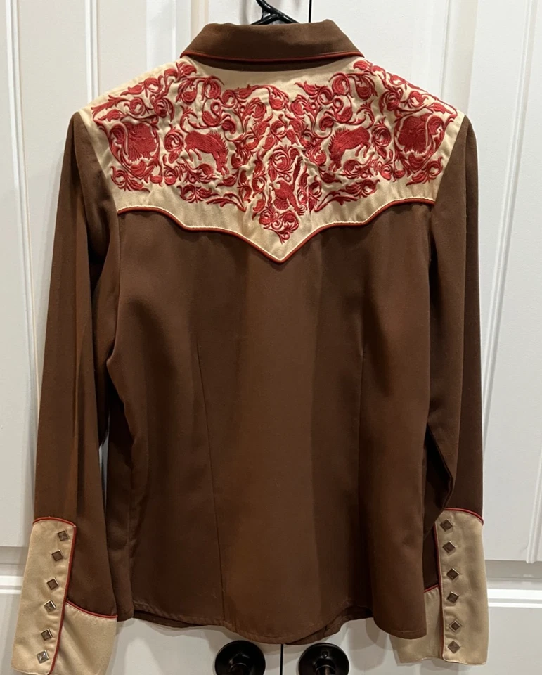 Camisa Vaquera Retro Mujer Talla M SCULLY Marrón Chocolate Rojo Floral Bordado A Presión Foto 3 de 4