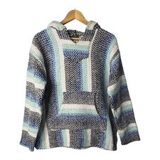 Baja Joe Hoodie Pullover Unisex L Blue White Striped Mexican Jerga Surf Poncho