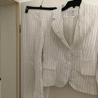 Women s Pure Cotton Light 2pcs Pants Suit White Grey/White Accent Stripped L -XL