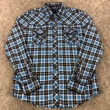BKE Buckle Mens Shirt Large Blue Plaid Pearl Snap Up Athletic Fit Long Sleeve