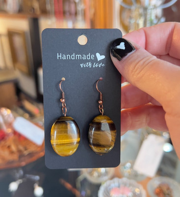 Artisan Made Hand Crafted Tigers Eye Gemstone Copper Dangle Drop Earrings OOAK