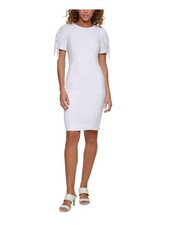 CALVIN KLEIN Womens White Tie Short Sleeve Sheath Dress Petites 6P
