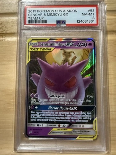 2019 POKEMON SUN & MOON TEAM UP #53 GENGAR & MIMIKYU GX PSA 8