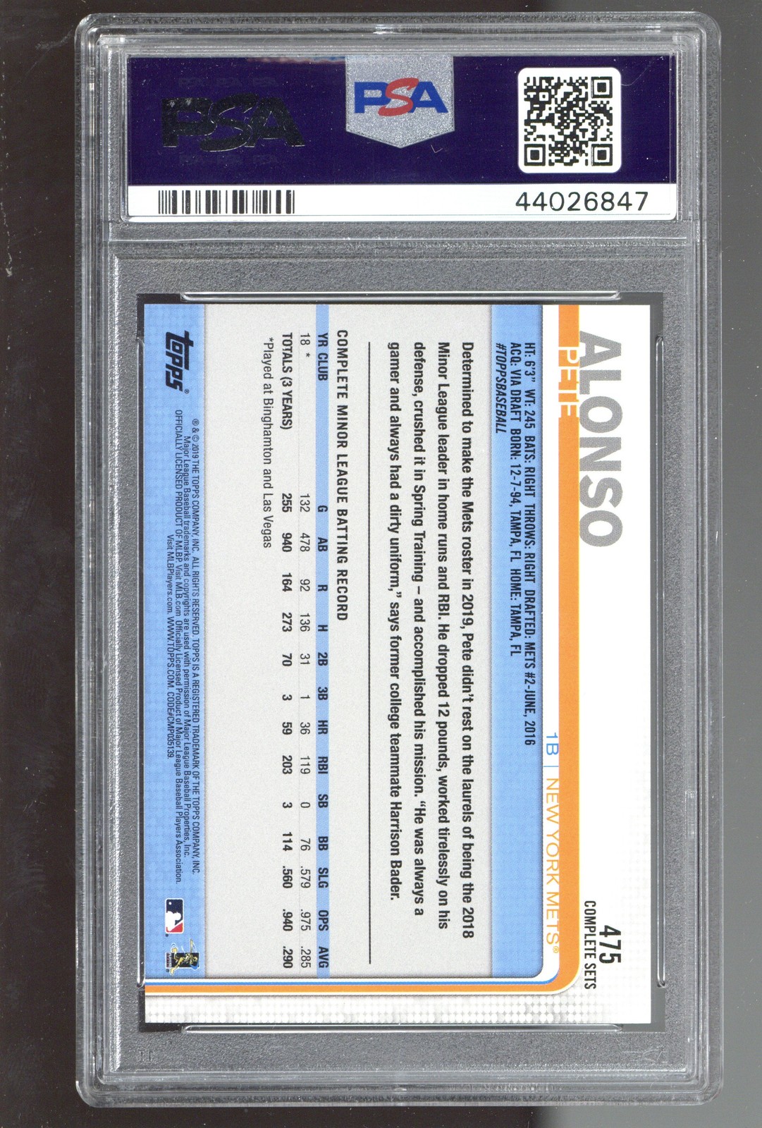 2019 Topps #475 Pete Alonso Complete Set PSA 10 ROOKIE RC view 2