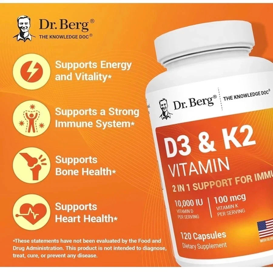 Dr. Berg’s Nutritionals 100mg Vitamin D3 & K2 Supplement - 120 Capsules US