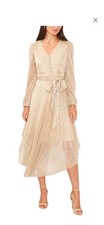 Vince Camuto DRESS Womens Belted Sheer Sleeve Metallic sleigh midi dress M