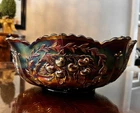 Antique Large Dugan Carnival Glass Banana Fruit Bowl with Cherries Amethyst Gold