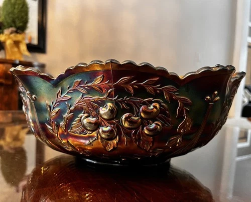 Antique Large Dugan Carnival Glass Banana Fruit Bowl with Cherries Amethyst Gold