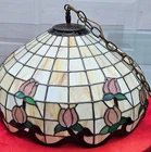 Vintage Large  Tiffany Style Stained Glass Ceiling Light Roses Pendant