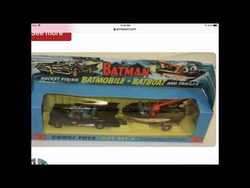 Vintage 1960s Corgi Batmobile and Glastron Bat Boat On Trailer with Figures Rare