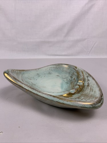 Stangl MCM Atomic Ashtray Boomerang Trinket Dish Pottery Teal Green Antique Gold